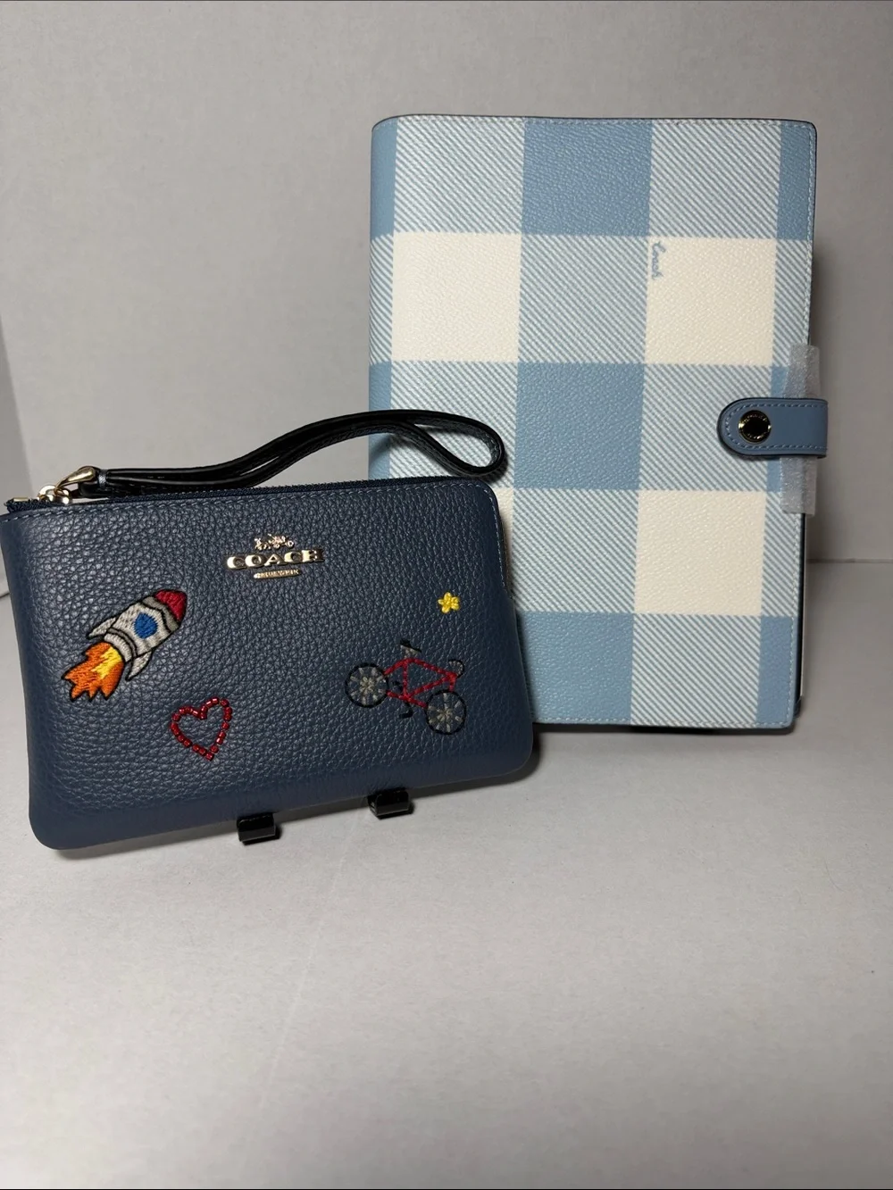 Coach Notebook With Gingham Print Navy Leather Wristlet